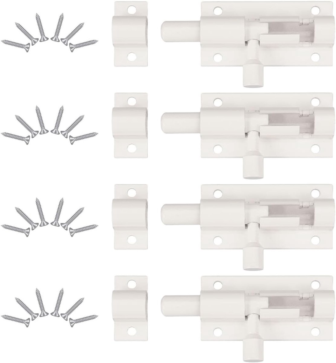 Kleine deurvergrendelingen set van 4, inclusief 24 schroeven, afmeting 63 x 25 mm, ideaal voor veilig afsluiten van deuren en kasten