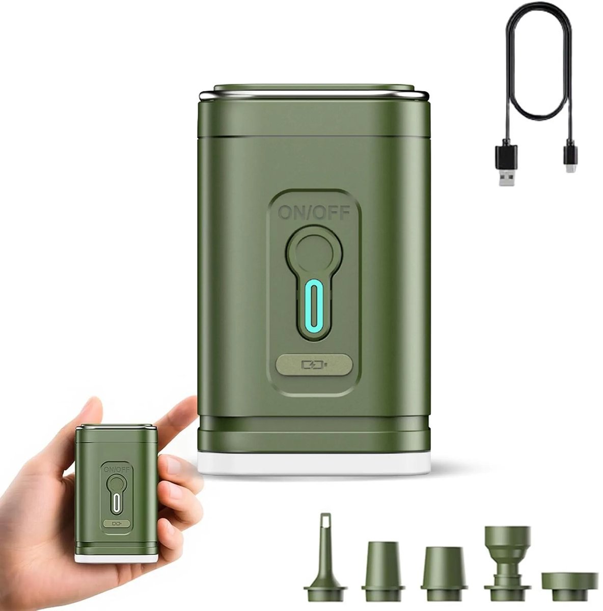 Elektrische luchtpomp voor kamperen, met accu, debiet van 480 liter/minuut, mini-formaat, met LED-verlichting, 3 snelheidsstanden, USB-C-opladen, geschikt voor luchtmatrassen, zwembaden, tenten en ander buitengebruik.