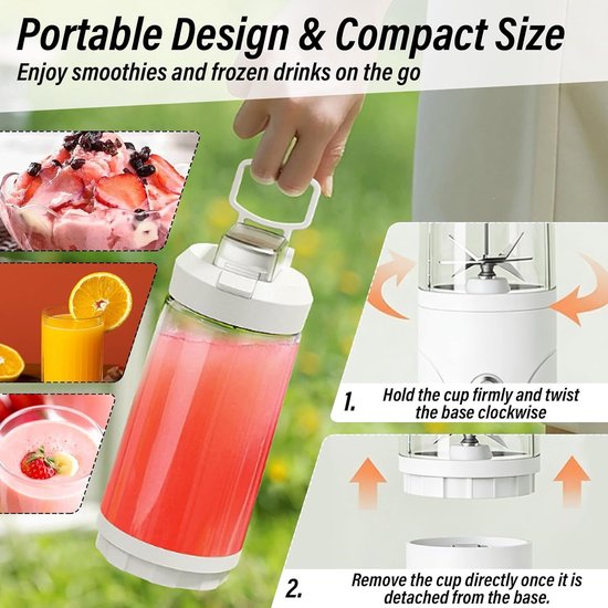 Draagbare Blender - Smoothie Maker - Verse Drankjes Maken - 6 RVS Bladen - 650 ml - Wit — afbeelding 3