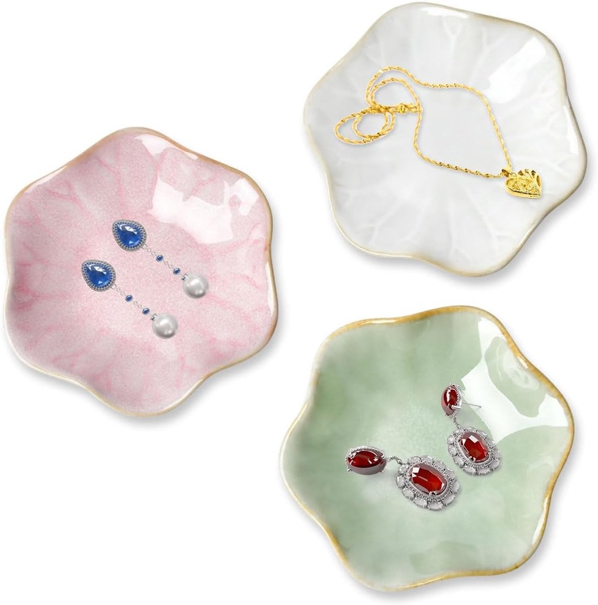 Sieradenhouder Set van 3, Kleine Keramische Ring Schaal, Lotus Bloem Sieraden Tray, Decoratieve Sieraden Kom, Roze, Wit, Groen, Bloemvorm, Thuisdecoratie, Organisatie voor Sieraden