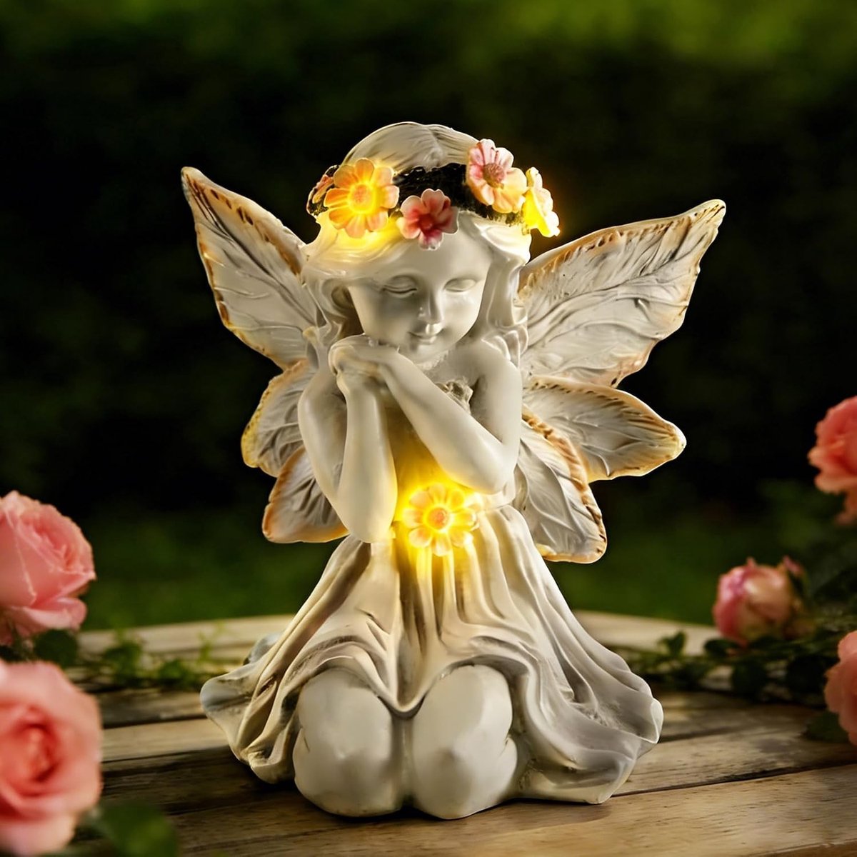 Tuinsculptuur van een Beschermengel met LED Verlichting, Weerbestendige Decoratie voor Graf, Tuin en Patio, Herfstdecoratie voor Buiten