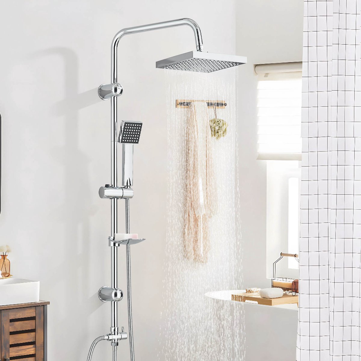 Complete doucheset vierkant chroom, douchekolom 100cm met regendouche hoofddouche 20cm en handdouche, muurgemonteerd badkamer douchesysteem