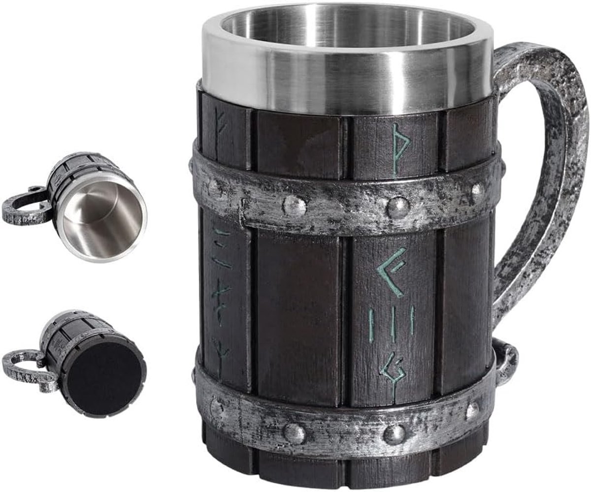 Stijlvolle RVS Biermok met 3D Houten Handvat, Scandinavisch Rune Ontwerp, Perfect als Cadeau voor Mannen, 600 ml, Retro Mediëval Design