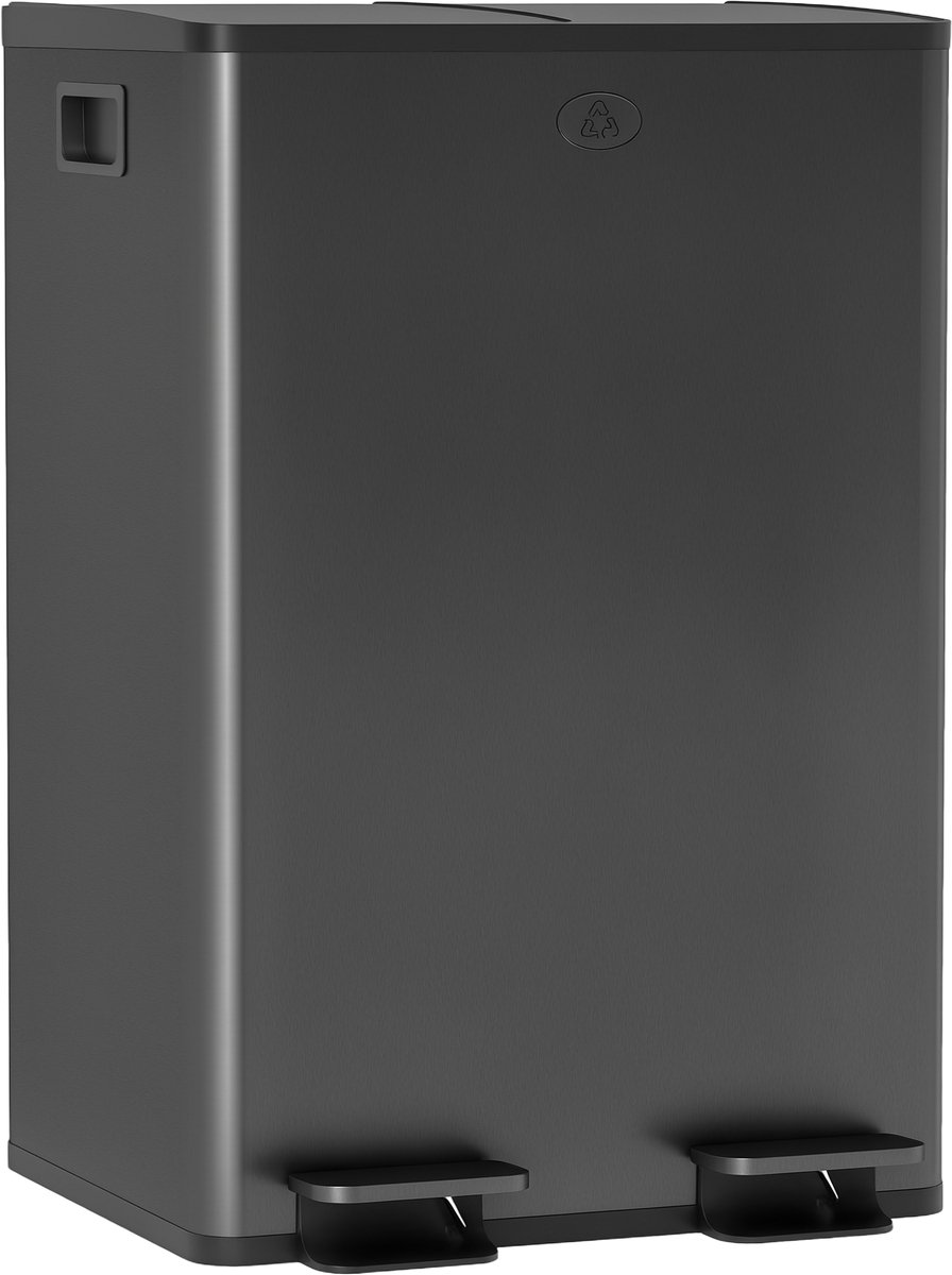 Keukenafvalbak met 2 compartimenten (2 x 28 liter) - roestvrij staal - deksel met softclose - systeem - 45 - 8 x 36 x 67 - 6 cm - zwart