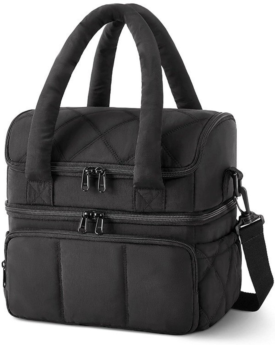 Casalora® Geïsoleerde Lunchtas 2-Laags – Gewatteerde Puffer Lunch Bag – Dubbel Compartiment – Thermische Koeltas – Picknicktas voor Werk, School en Onderweg – Zwart