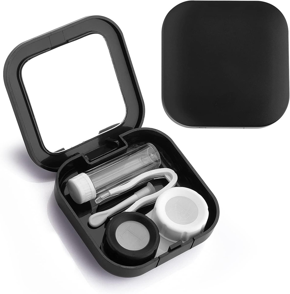 Draagbare contactlensdoos met spiegel, mini-opbergcase voor lenzen L en R, ideaal voor onderweg, zwart