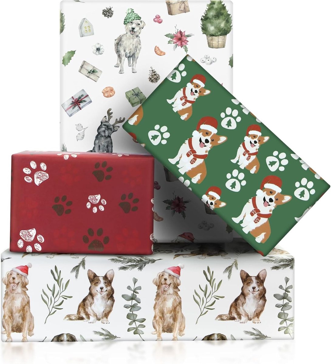 Kerstcadeau inpakpapier voor honden, 8 vellen 50x70cm, ideaal voor huisdieren, verjaardagen en feestdagen