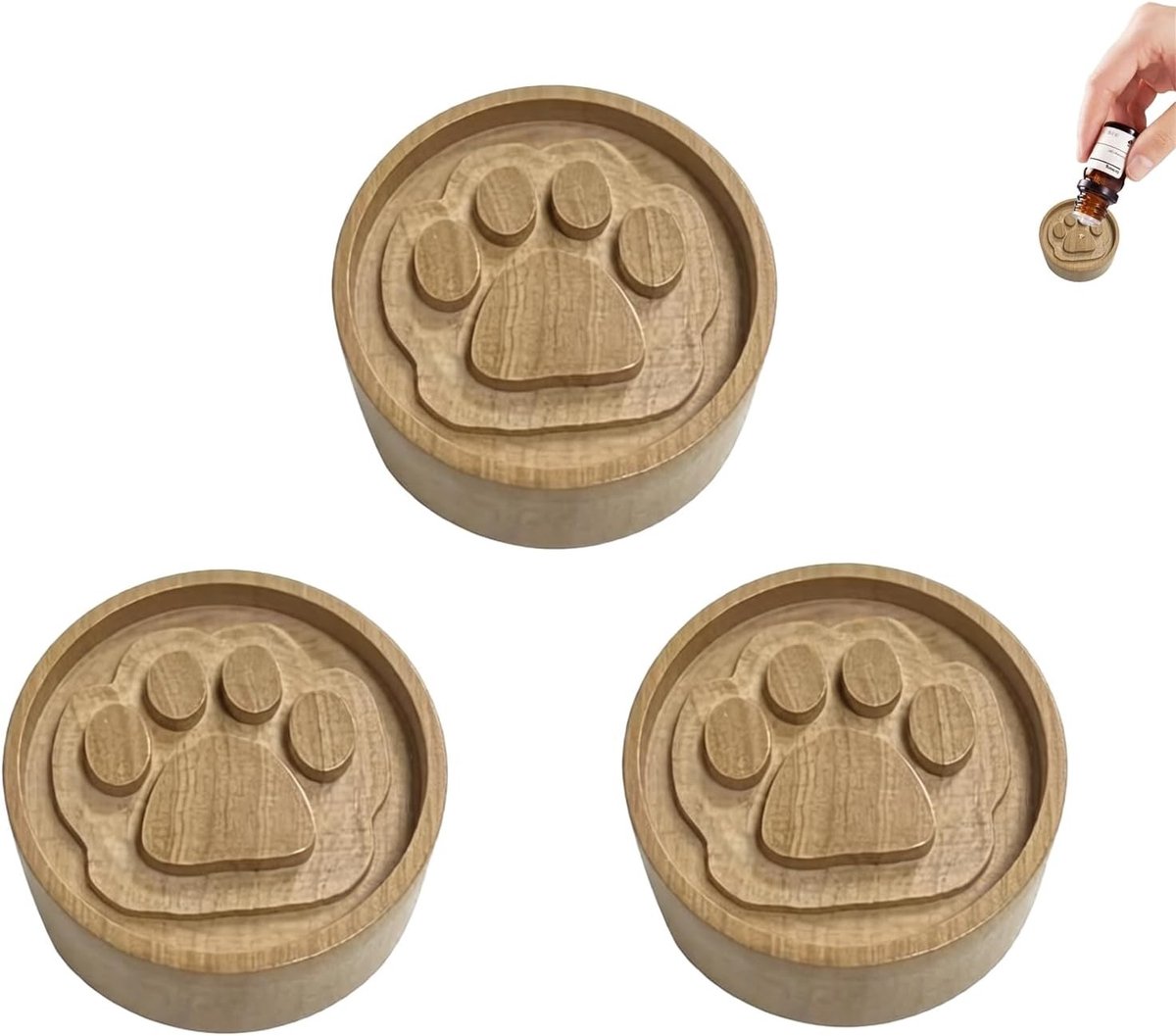 Set van 3 Houten Essentiële Olie Diffusers voor Auto en Kantoor, Rond Houten Blok, Aromatherapie Diffuser voor Sfeer en Decoratie