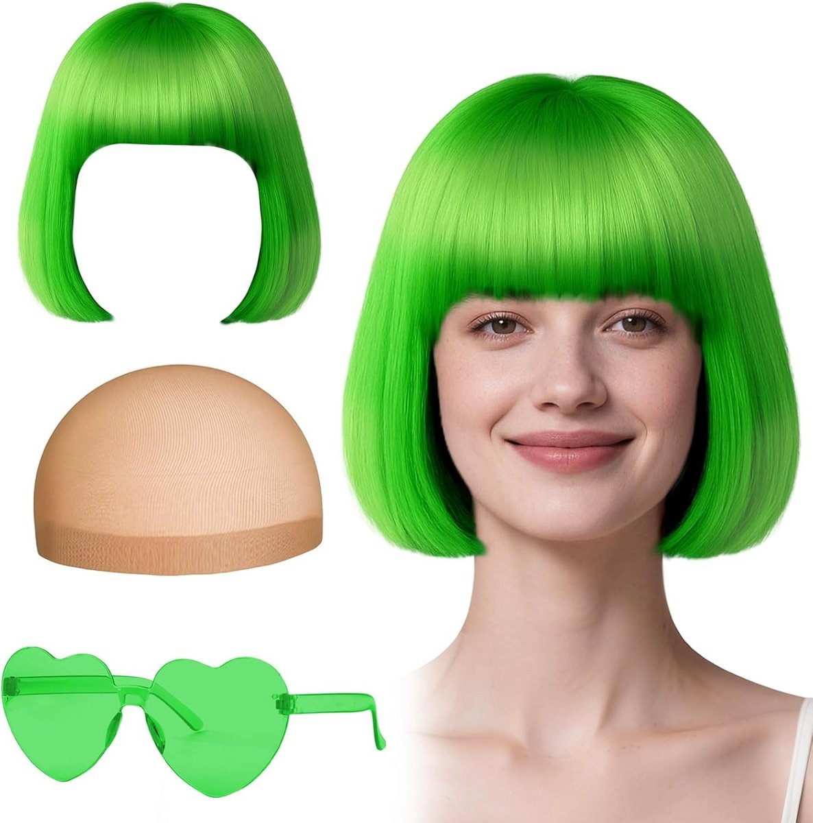 Peachkleurige Bobperruque met Zonnebril Set voor Cosplay, Feestoutfits en Neon Kleding, Klassieke Vierkante Snit