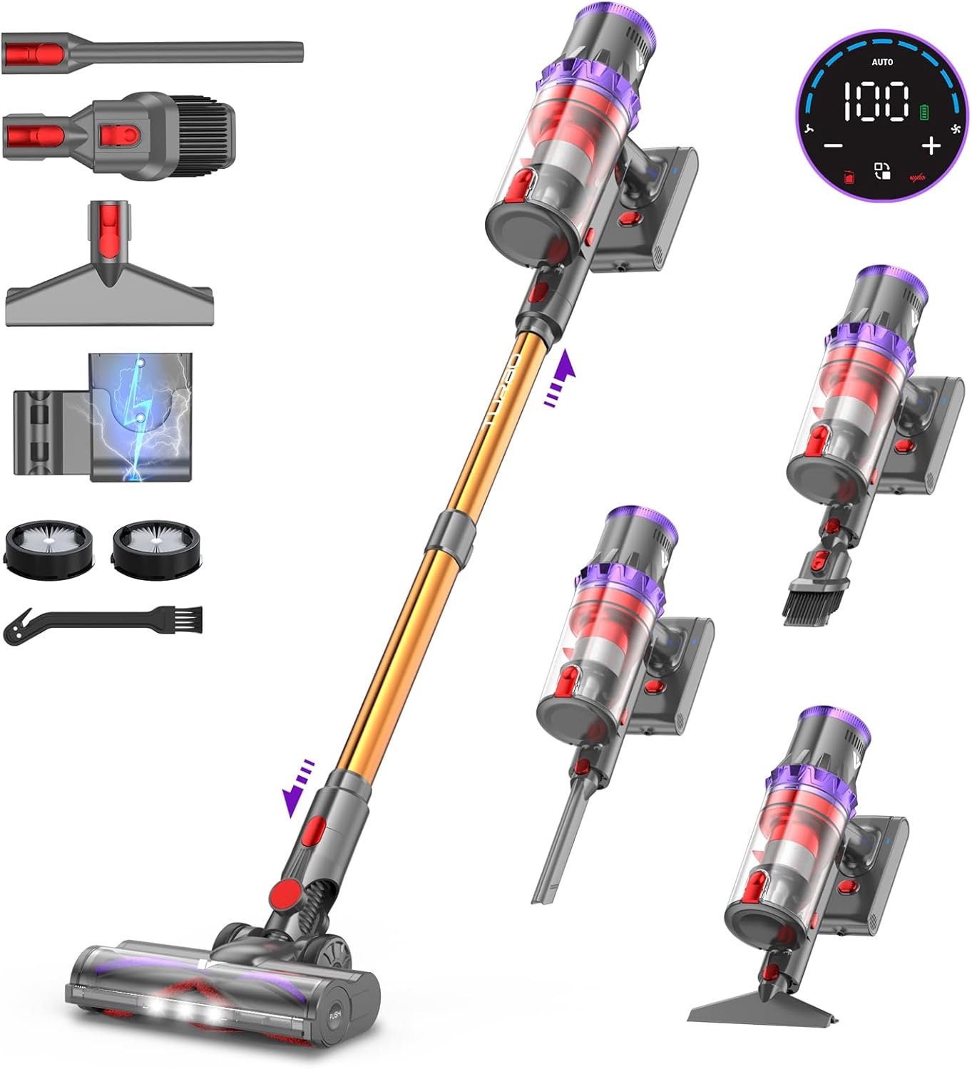 SnelShoppen - Draadloze Steelstofzuiger 580W met LED-display, 55Kpa Zuigkracht, 75 Min Accuduur, 1.3L Anti-klit Stofzuiger voor Dierenhaar, Tapijt en