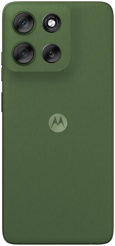 Recht vooraanzicht van de achterkant van de Motorola smartphone in Pantone Dill groen.