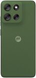 Recht vooraanzicht van de achterkant van de Motorola smartphone in Pantone Dill groen.