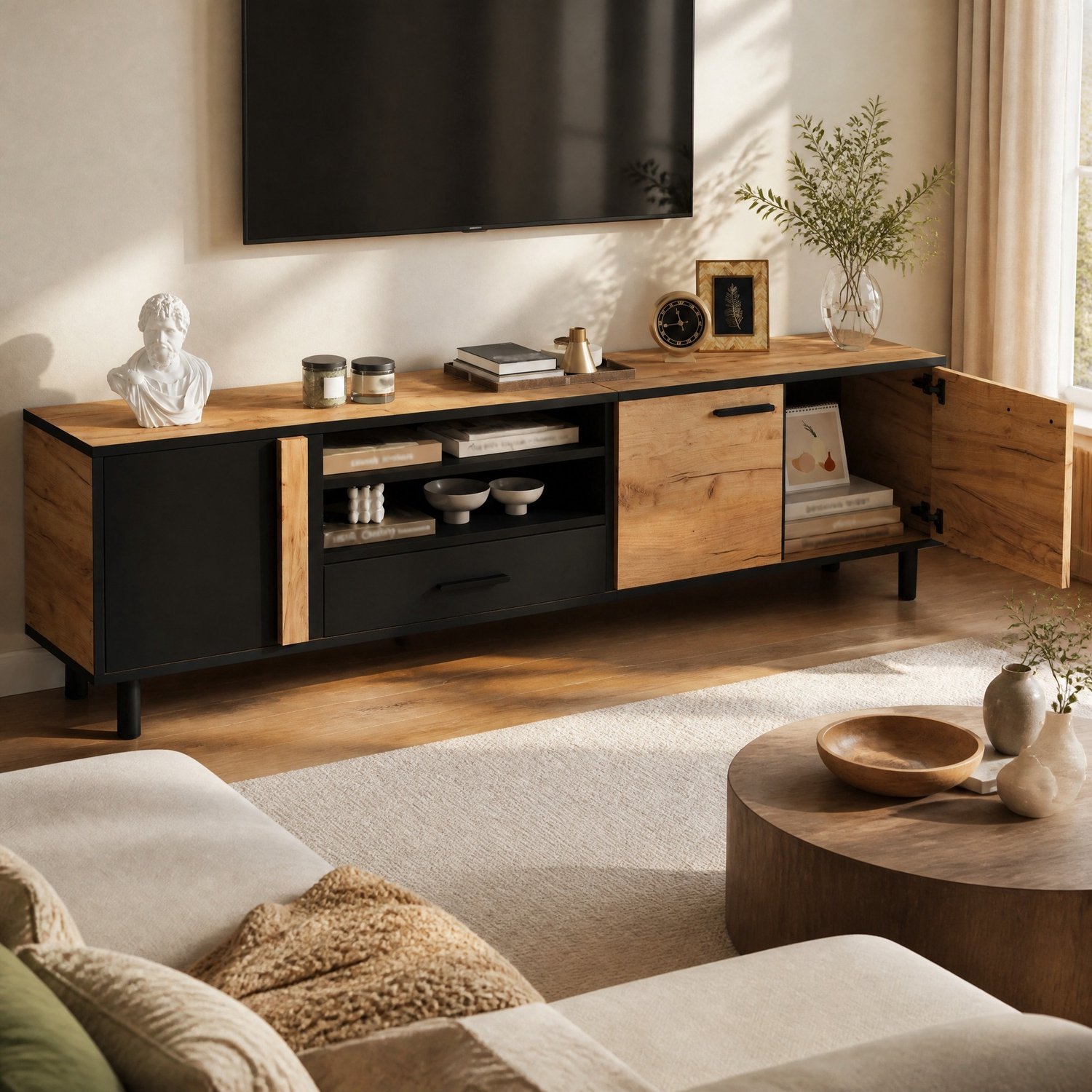 Maisentiel Tv-meubel 180 x 32,5 x 50 cm - zwart en houtkleur - 3 deuren en 1 lade