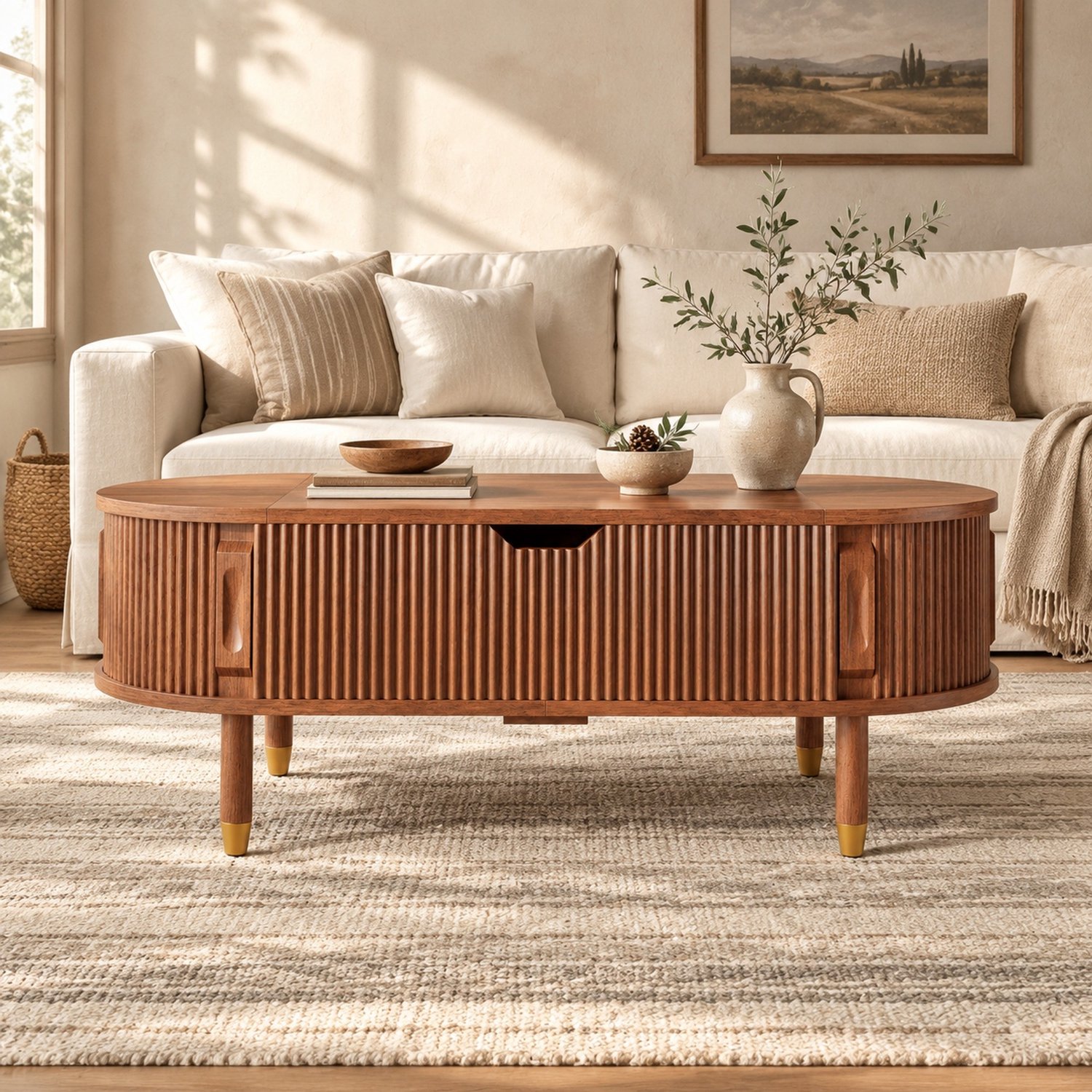 MODENUIT Salontafel - Ovaal Met Hefblad En Schuifdeuren - Woonkamer - MDF - Walnootkleur - 110x48x57 Cm