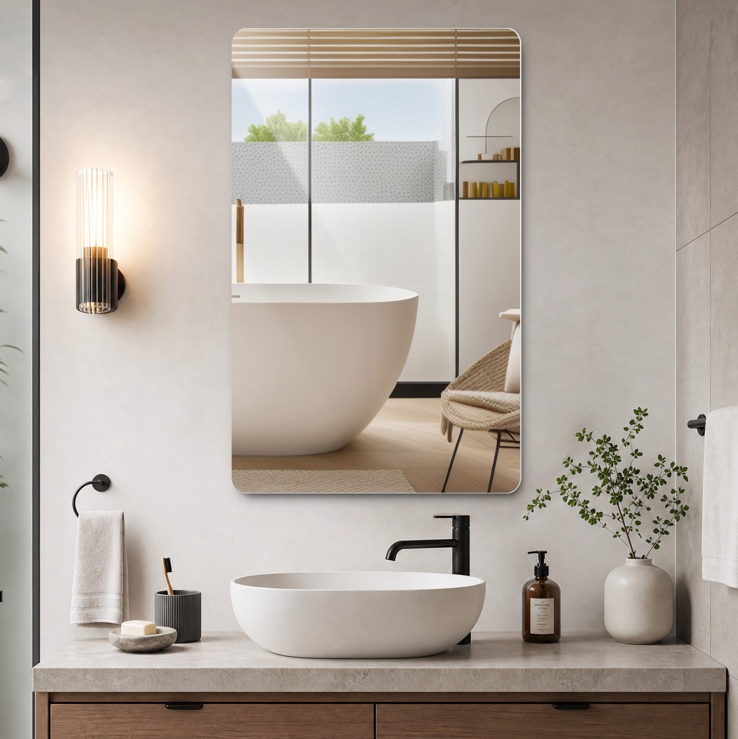 Wishdor Badkamerspiegel zonder lijst - Afgeronde hoeken en 5 mm zilverspiegel - Veiligheidsfolie en liggend of staand ophangen - Moderne wandspiegel voor badkamer - Glas - Zilver - 90 x 70 cm