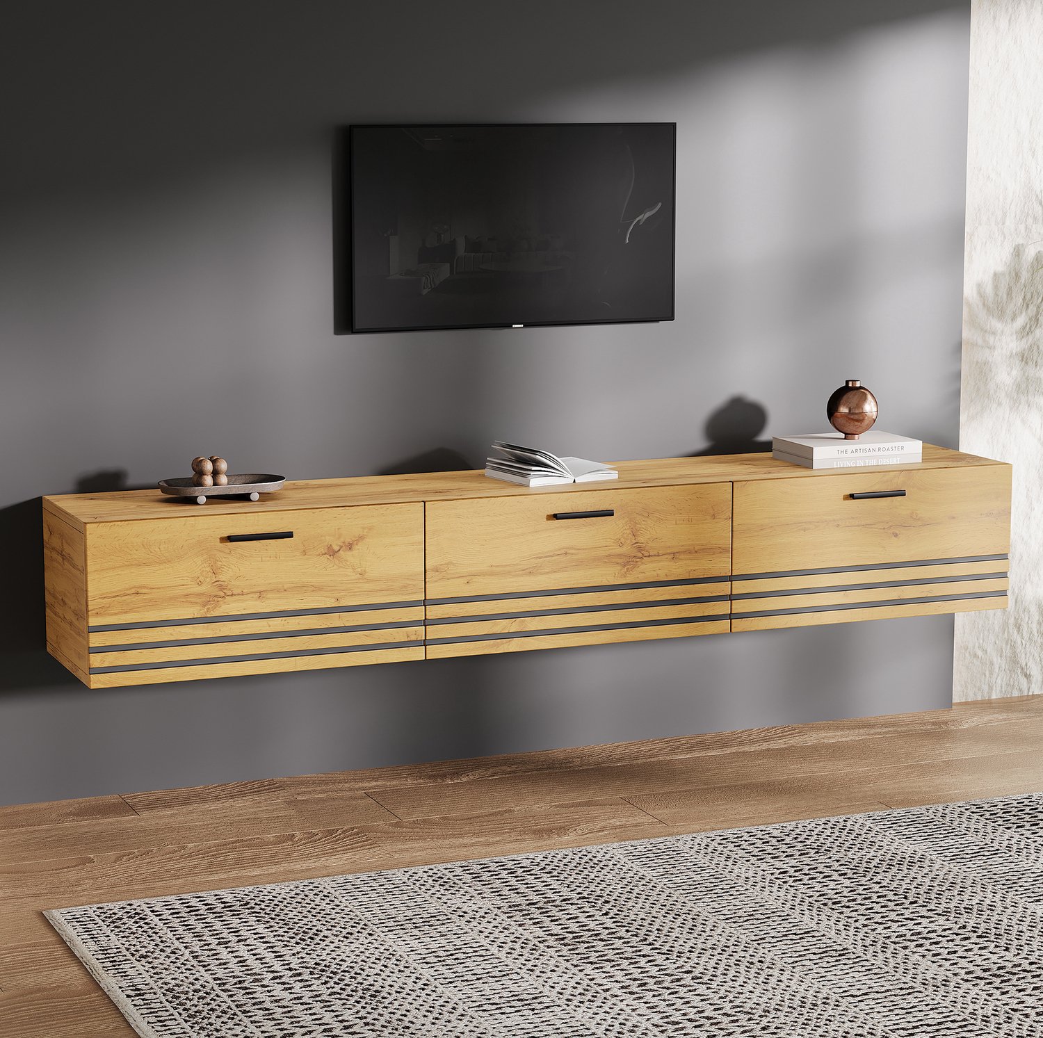 HAUSS SPOLE Wandhangend Tv-Meubel - 3 Laden Met Metalen Grepen - Voor Woonkamer En Tv's Tot 65 Inch - MDF En Spaanplaat - 160x30x25,5 Cm - Naturel Naturel houtkleur