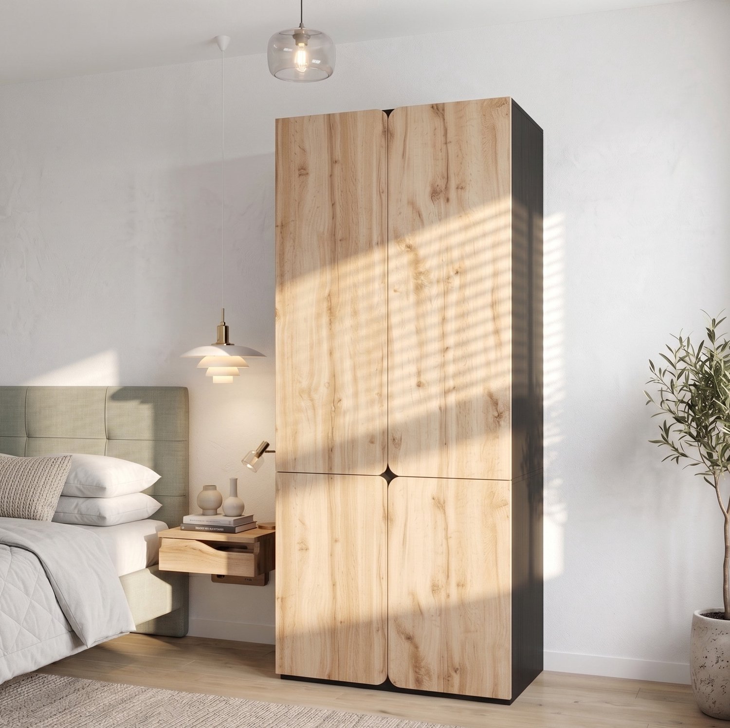 Wishdor Kledingkast met 4 deuren en 3 laden - Kledingroede en opbergvakken - Moderne eikenlook met zwarte accenten - Slaapkamer hal kinderkamer kantoor - MDF en bewerkt hout - 90 x 50 x 200 cm