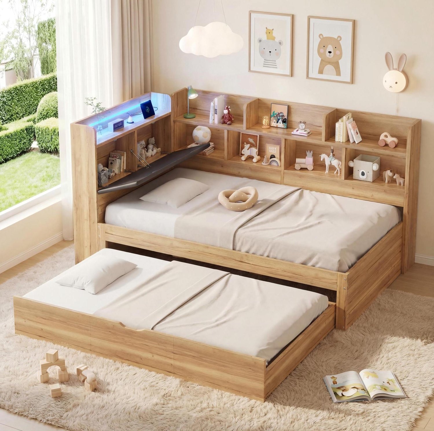 Maisentiel Kinderbed 90 x 200 cm met uitschuifbed, opbergruimte, LED en USB - naturel