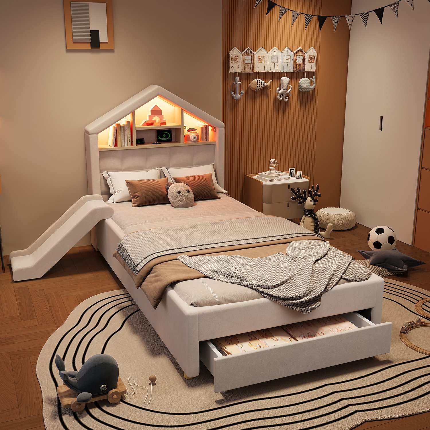 Zubaliya Gestoffeerd bed - 90 x 200 cm - Beige - fluweel - LED-verlichting - Glijbaan