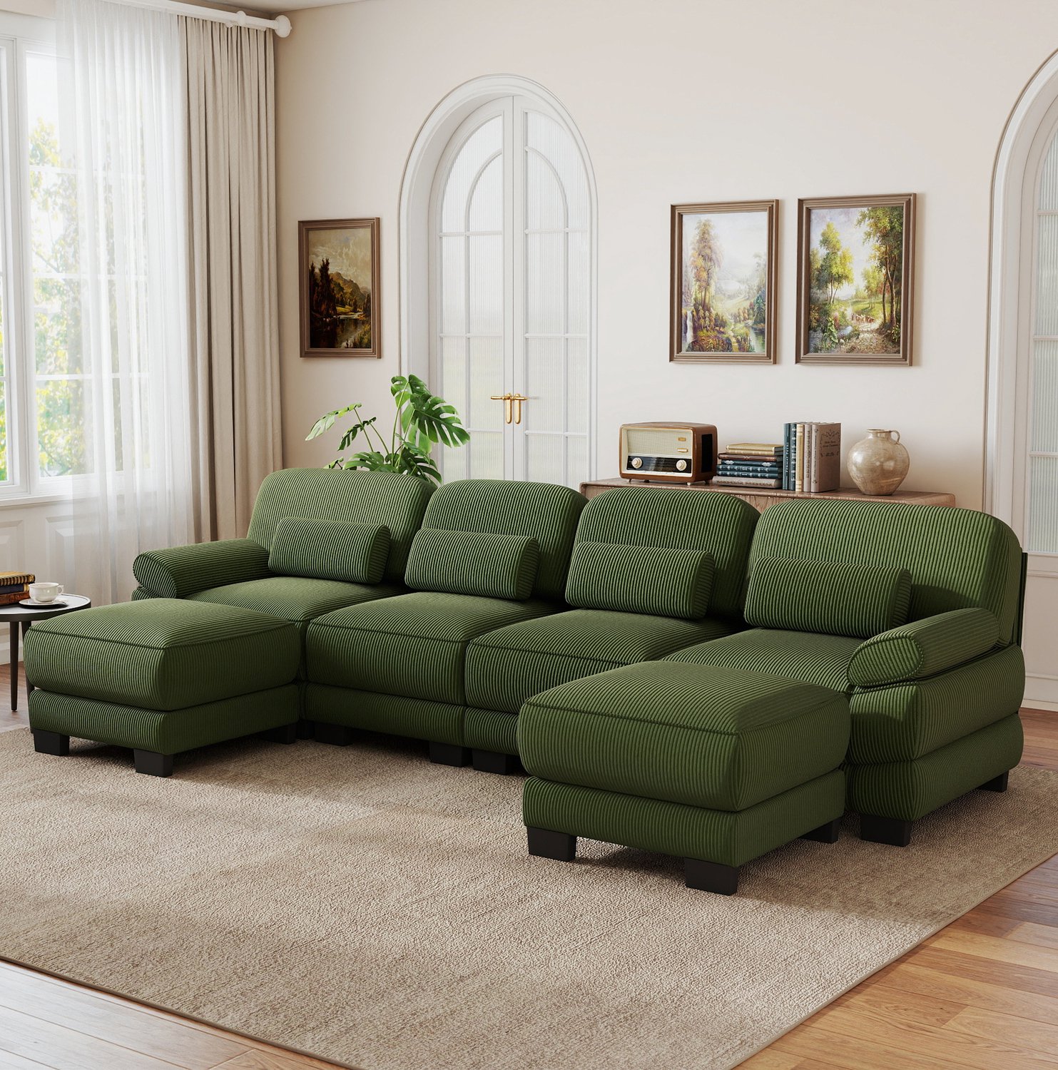 Wishdor U-bank met vier zitplekken en twee hockers - Modulaire bank met diepe zit - L-vorm of U-vorm met verbindingsstukken - Voor woonkamer en kleine woningen - Groene ribstof - 336 x 161 x 94 cm