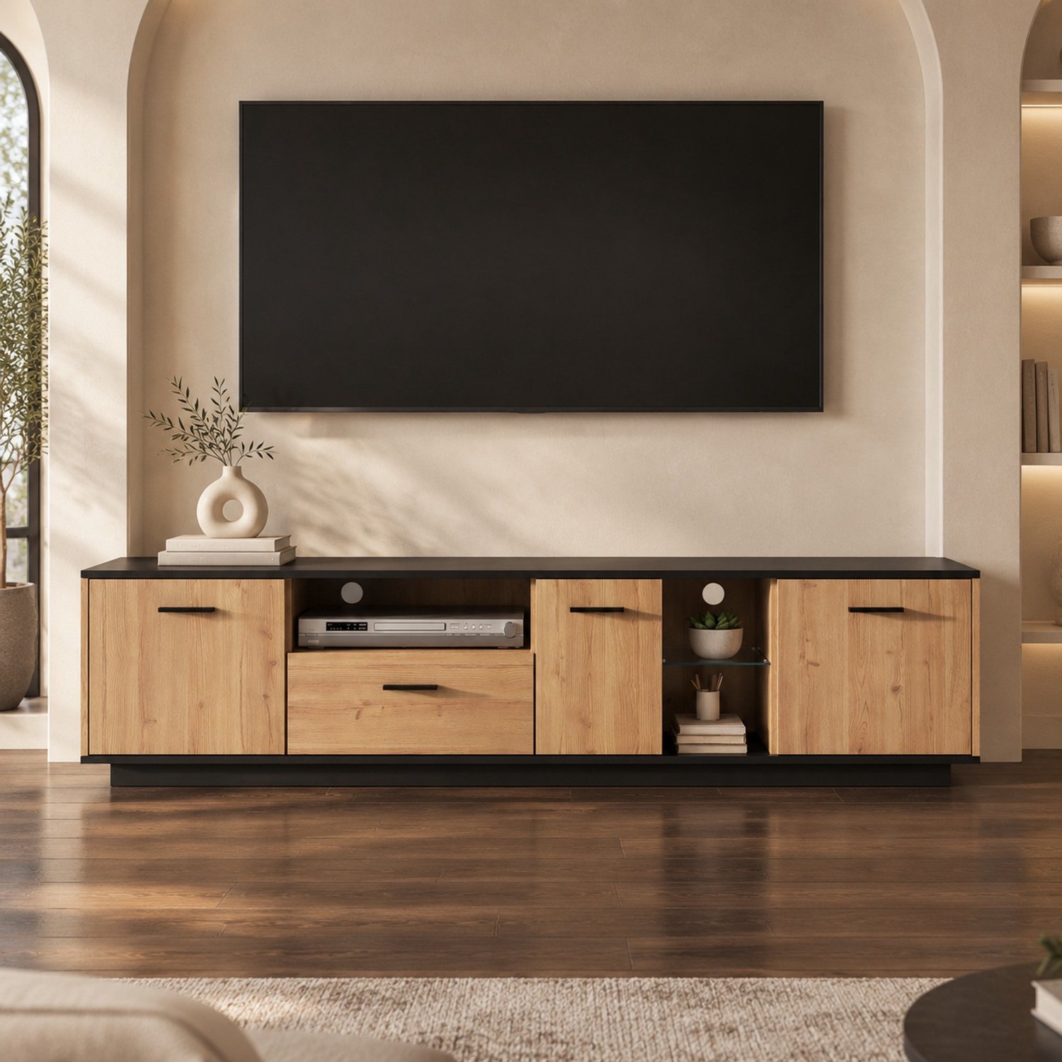 Maisentiel Tv-meubel 180 x 37 x 45 cm met 3 deuren, lade en 16-kleuren-ledverlichting Zwart en naturel houtkleur