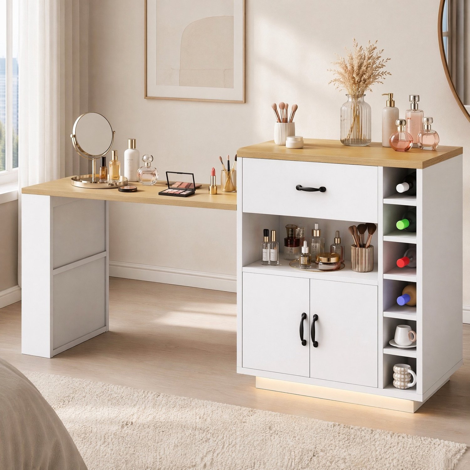 Maisentiel Wit keukeneiland met uitschuifbare tafel, 2 lades en wijnrek - 80 x 70 x 95,5 cm