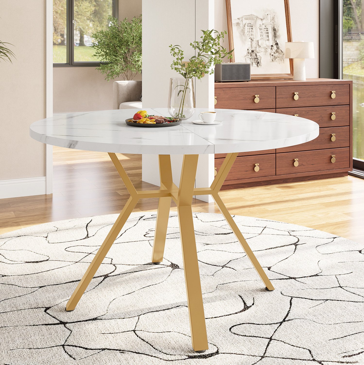 Maisentiel Ronde eettafel Ø 100 cm - wit MDF-blad met marmerlook - goudkleurig stalen onderstel