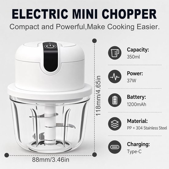 Krachtige 350ml Elektrische Keuken Hakker voor Groenten, Noten en Vlees - USB Oplaadbare Mini Voedselprocessor voor Knoflook en Uien — afbeelding 2