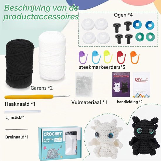 Haaknaalden set voor beginners met zwart-witte draken en handleiding - ideaal voor haken, creatief breien en handwerken — afbeelding 5