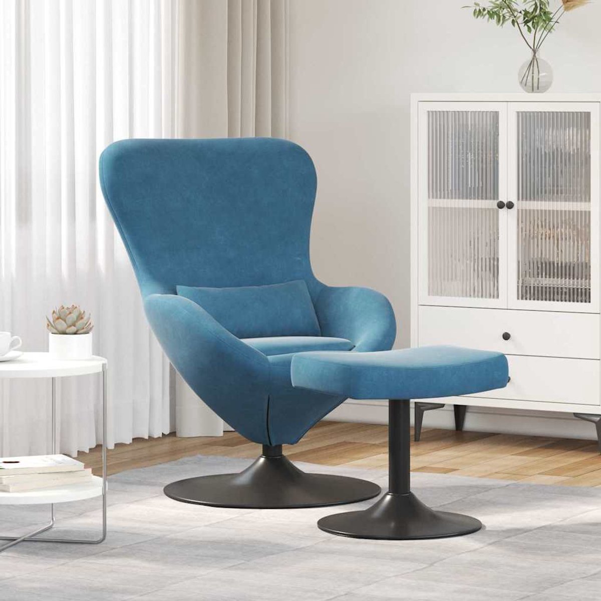 vidaXL Ei - Stoel - met - Voetensteun - with - Footstool - Blauw - Fluweel