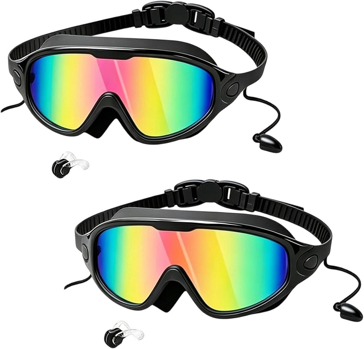 Set van 2 Zwembrillen met Neusclip, Anti-lek en Antifog, UV-bescherming en 180° Panoramazicht voor Volwassenen