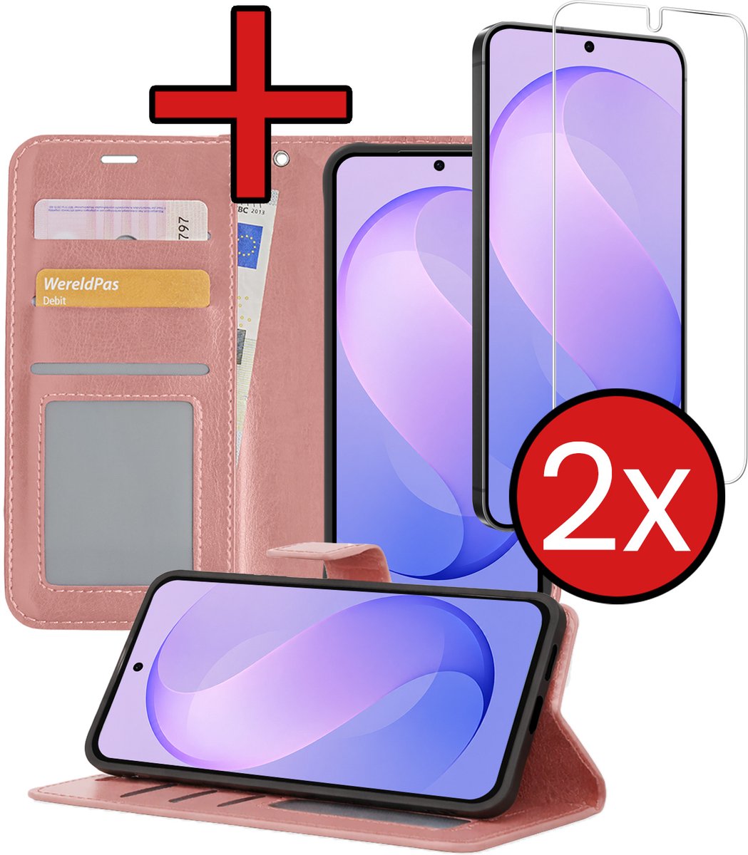 Hoesje - Met 2x Screenprotector - Geschikt voor Samsung Galaxy S26 FE - Luxe Pasjeshouder - Flip Case - Bookcase Portemonee - Kunstleer Book Case - Flipcase Hoes - Book Cover - Walletcase - Portemonneehoes - Telefoonhoes - Rosé goud