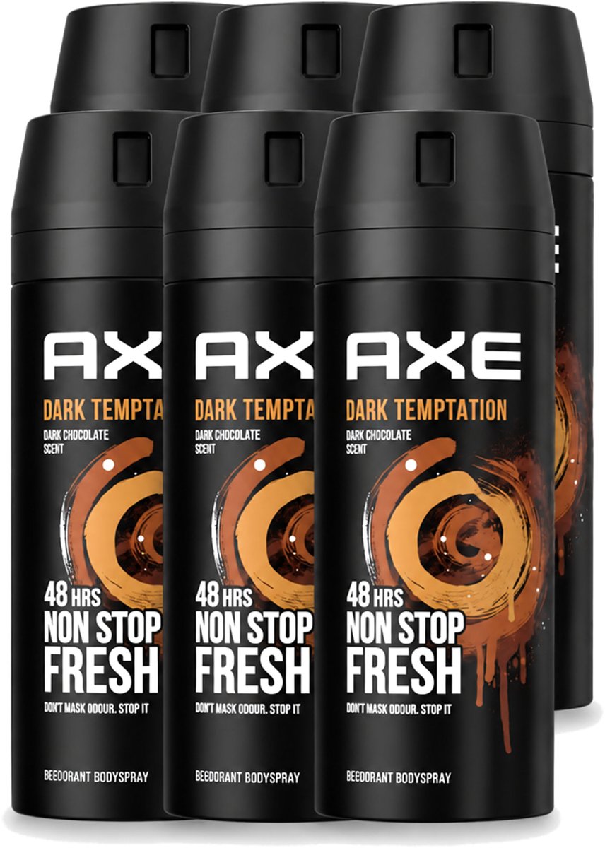 6 x Axe - Deodorant Bodyspray - 48hrs Non Stop Fresh - Dark Temptation - Dark Chocolate - 150 ml - Voordeelverpakking - 6 stuks