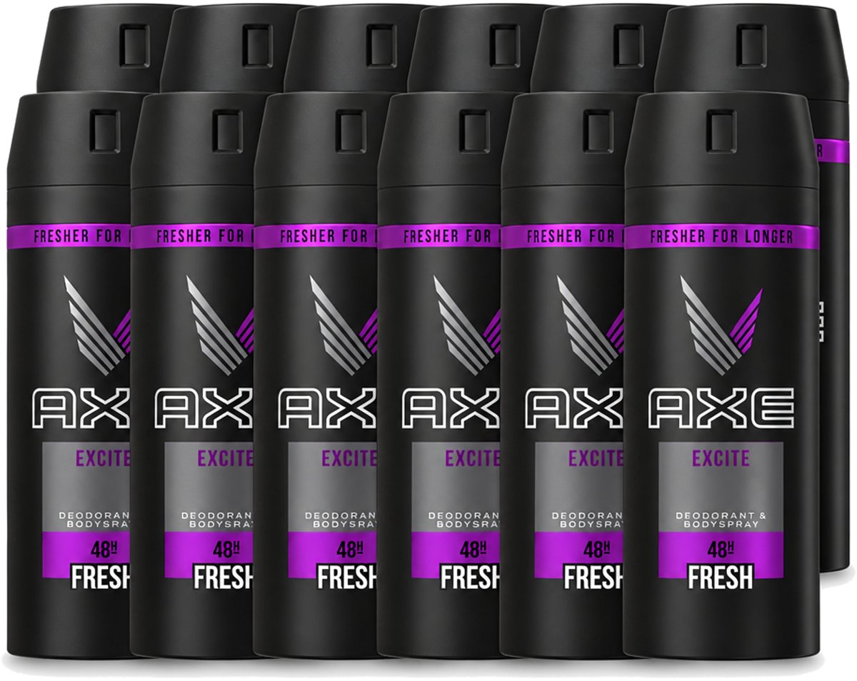 12 x Axe - Deodorant Bodyspray - 48hrs Fresh - Excite - 150 ml - Voordeelverpakking - 12 stuks