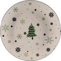 Wit bord met kerstboom en groene en zwarte sneeuwvlokken. Zwarte rand.