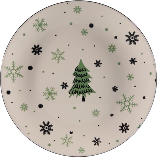 Wit bord met kerstboom en groene en zwarte sneeuwvlokken. Zwarte rand.