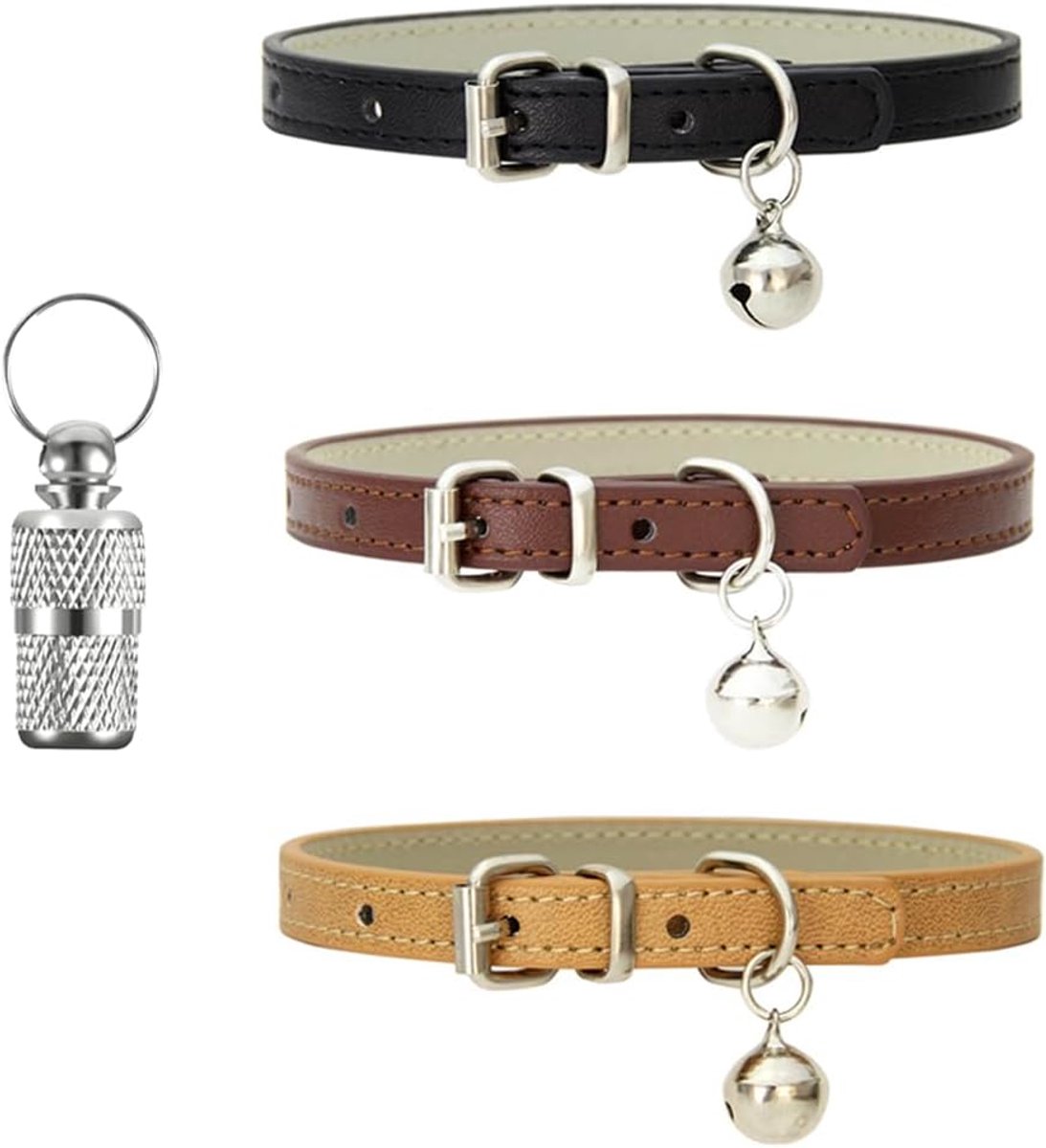 SnelShoppen - 3 Pack Hondenkat Halsbanden met Bel, Polished Duurzaam Metaal Gesp, Zacht en Verstelbaar voor Katten, Puppy en Kleine Medium Honden, Kha