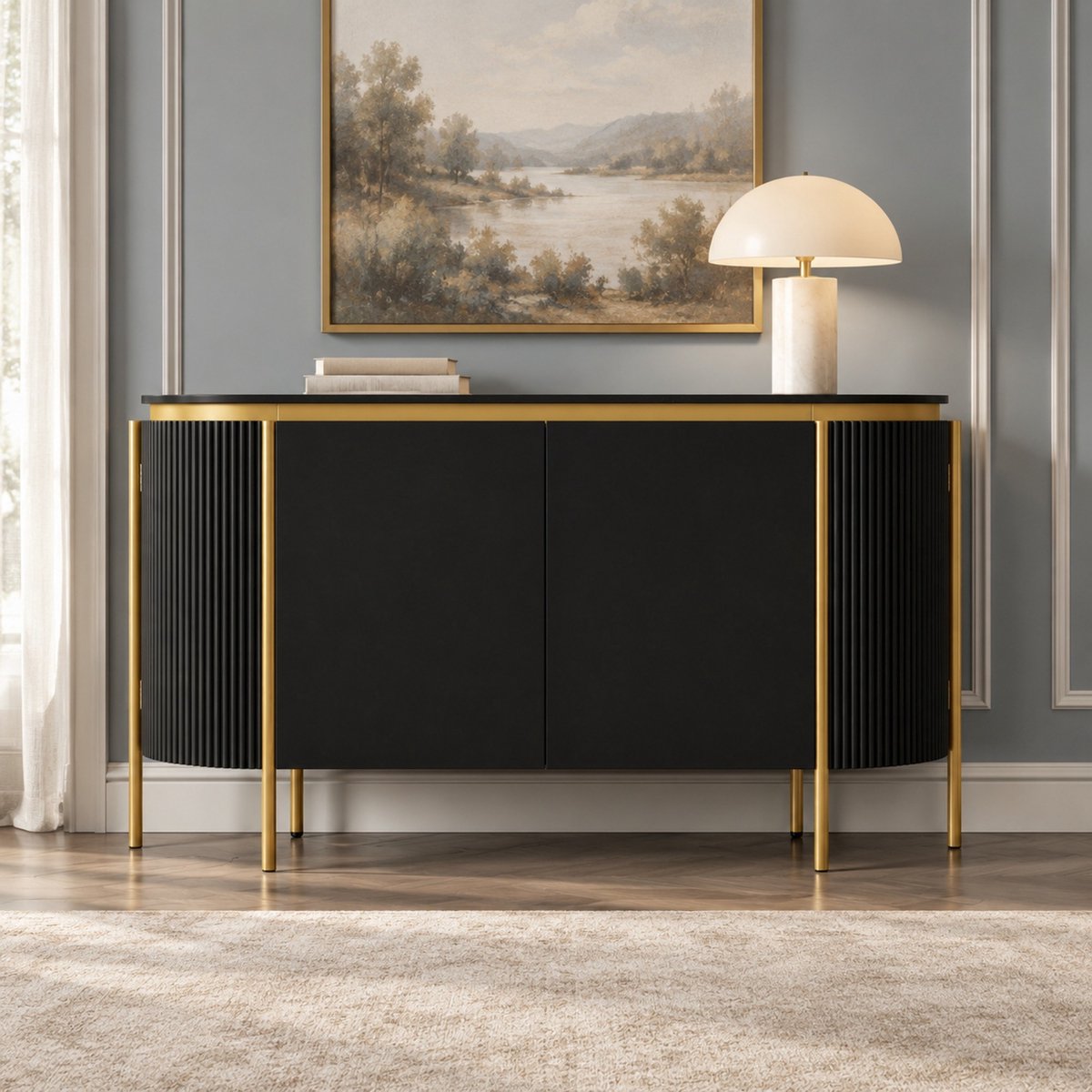 OKWISH Dressoir Sideboard Anrichte MDF Zwart met 4 Deuren en Legplank Ovaal Design met Kabeldoorvoer 140 x 38 x 80 cm