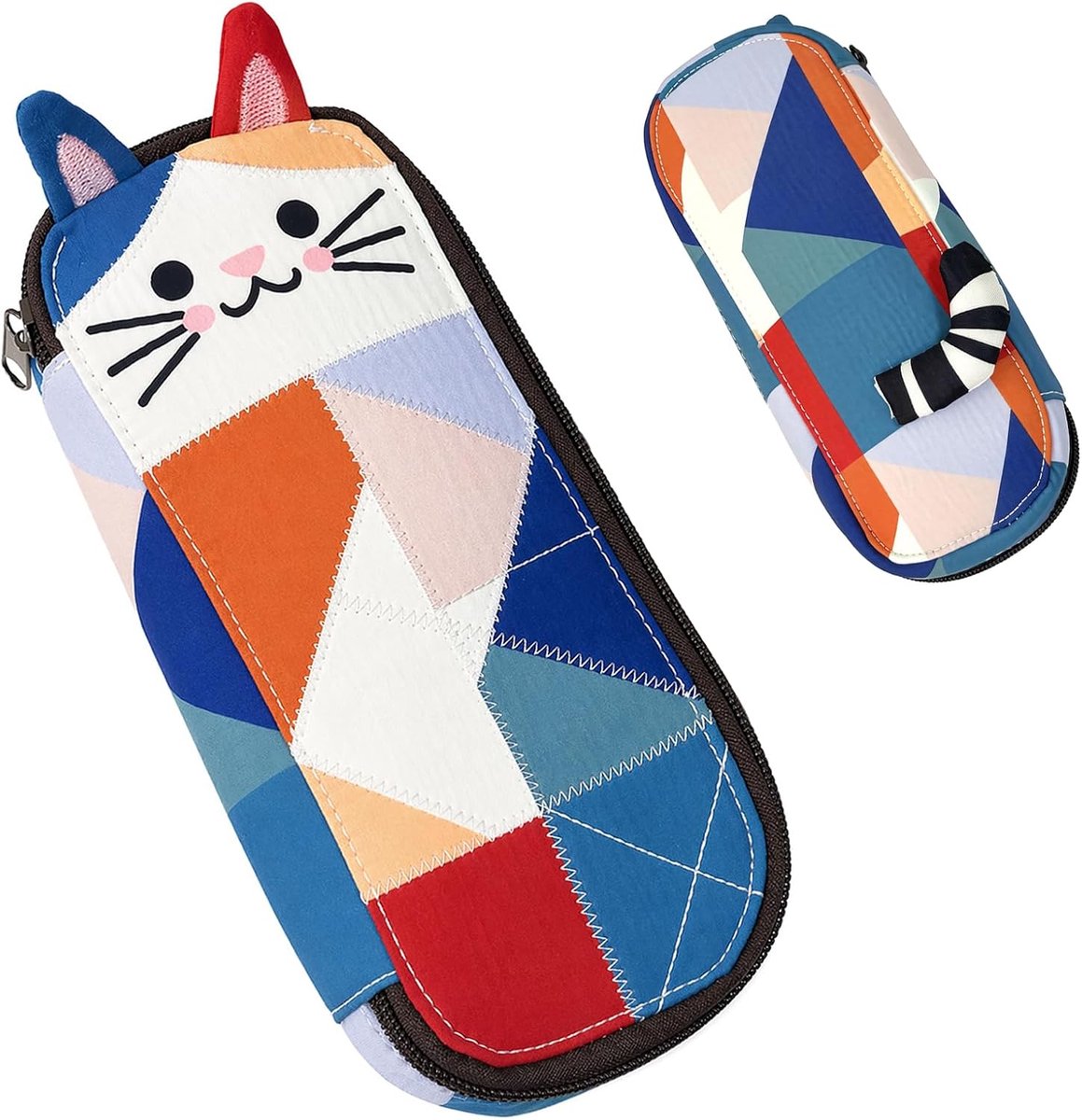 Pennenetui voor meisjes, tieners, kat, patchwork, met hanger, grote capaciteit, zacht, robuust, met draaggreep, voor school, kantoor