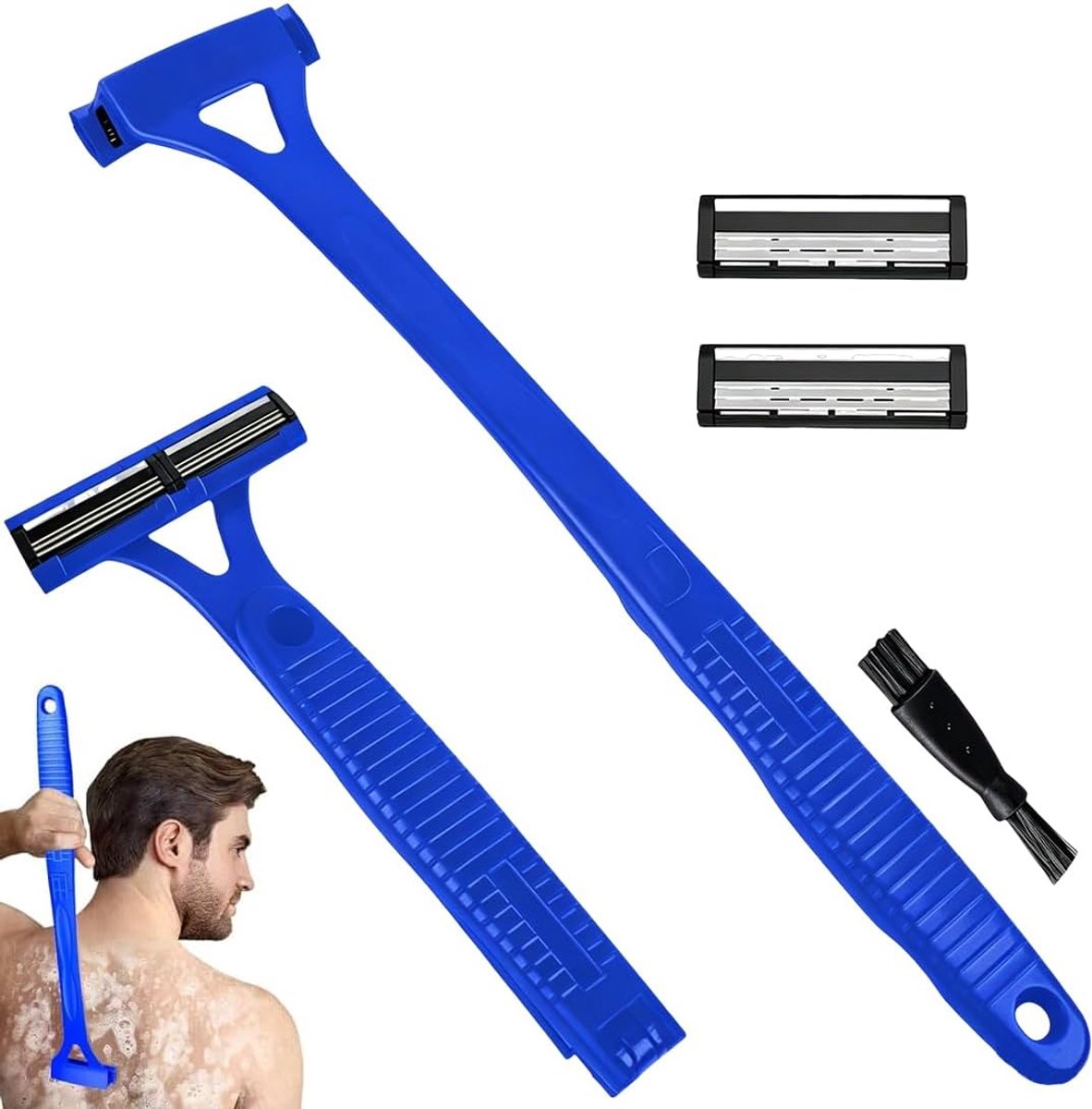 Rugscheerapparaat voor heren, met 2 scheermesjes, rug- en lichaamshaartrimmer voor het scheren van lichaamshaars, nat en droog gebruik, met lange handgreep van 45 cm, opvouwbaar (blauw, B)