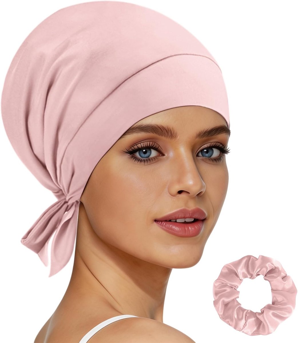 Muts om te slapen, satijnen slaapmuts met verstelbare band, slaapmuts zijde, haarbescherming tegen kroes, bonnet voor krullend en glad haar, met scrunchie