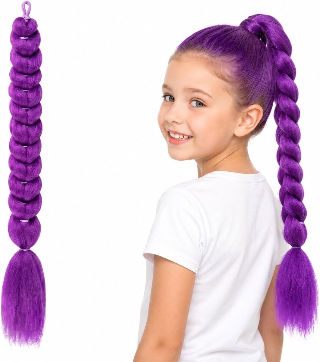 Pruik, gevlochten paardenstaart, 66 cm, lange paarse vlechtpruik voor cosplay en Halloween, gevlochten paardenstaart-extension voor dames en kinderen, hittebestendige kunstvezel