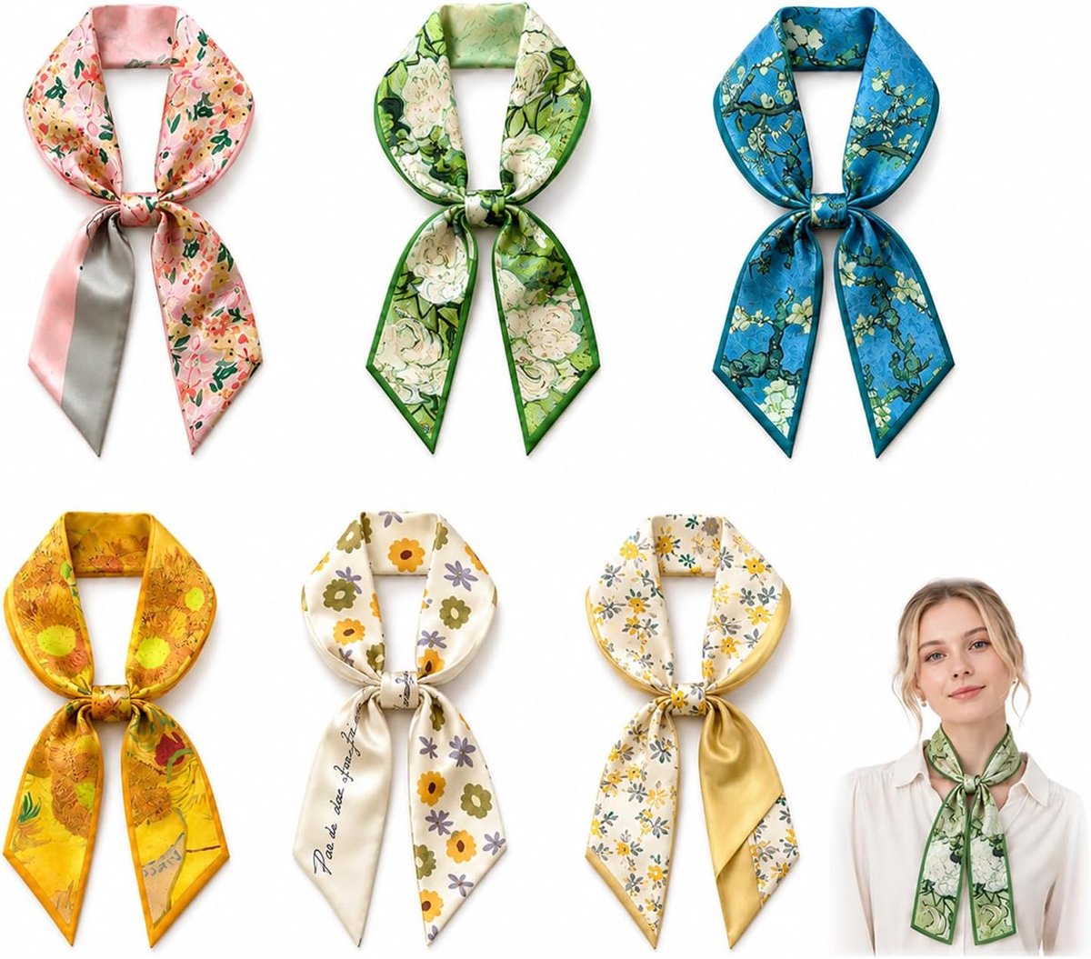 6 satijnen sjaals met bloemenmotief, roze, wit, geel, 90 x 7 cm, als sjaal, hoofdband, band voor tas, retro, voor dames, accessoires, feest