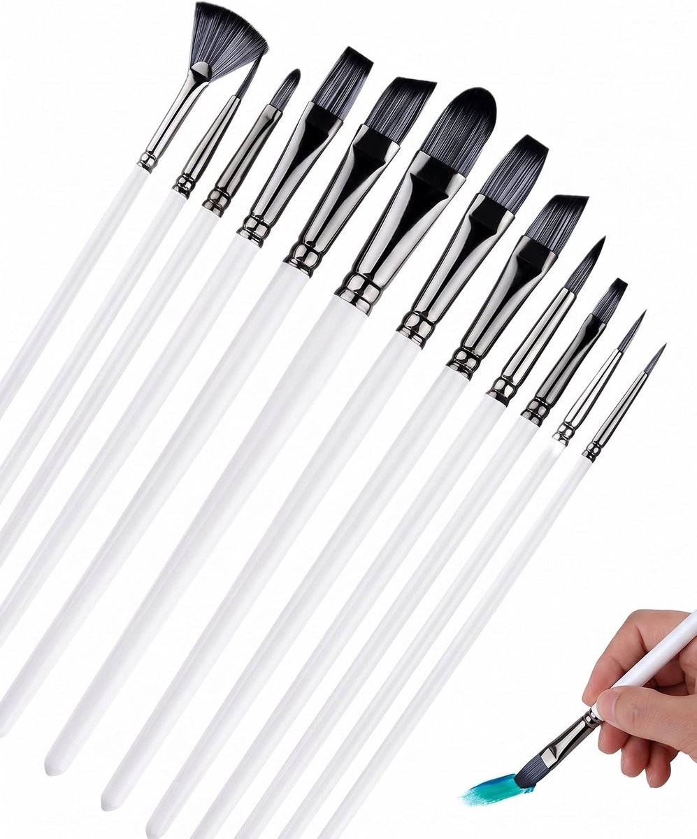 Penseelset, 12 stuks, duurzame synthetische borstelharen, anti-rafelen, voor aquarel, acryl, olie, miniaturen en nauwkeurige details.