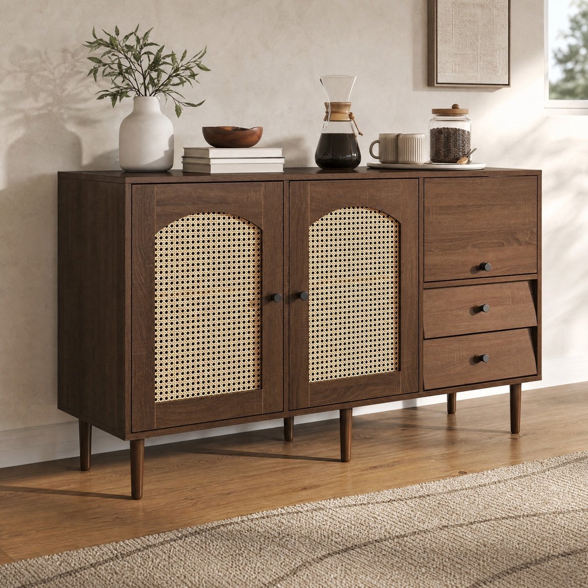 WUVRIE Dressoir 130 x 75,5 x 40 cm - Landelijke stijl met rotan deuren en 3 lades - Hout Houtkleur
