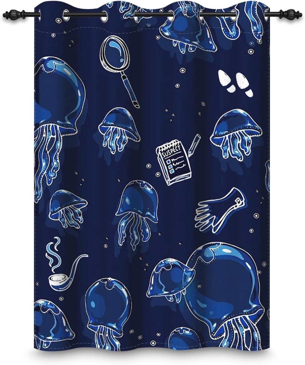 Eyelet Curtain 107 x 160 cm Animals Cartoon Eyelet Curtain for Children's Room Deep Blue Jellyfish Ocean Room Divider - ShopVlot