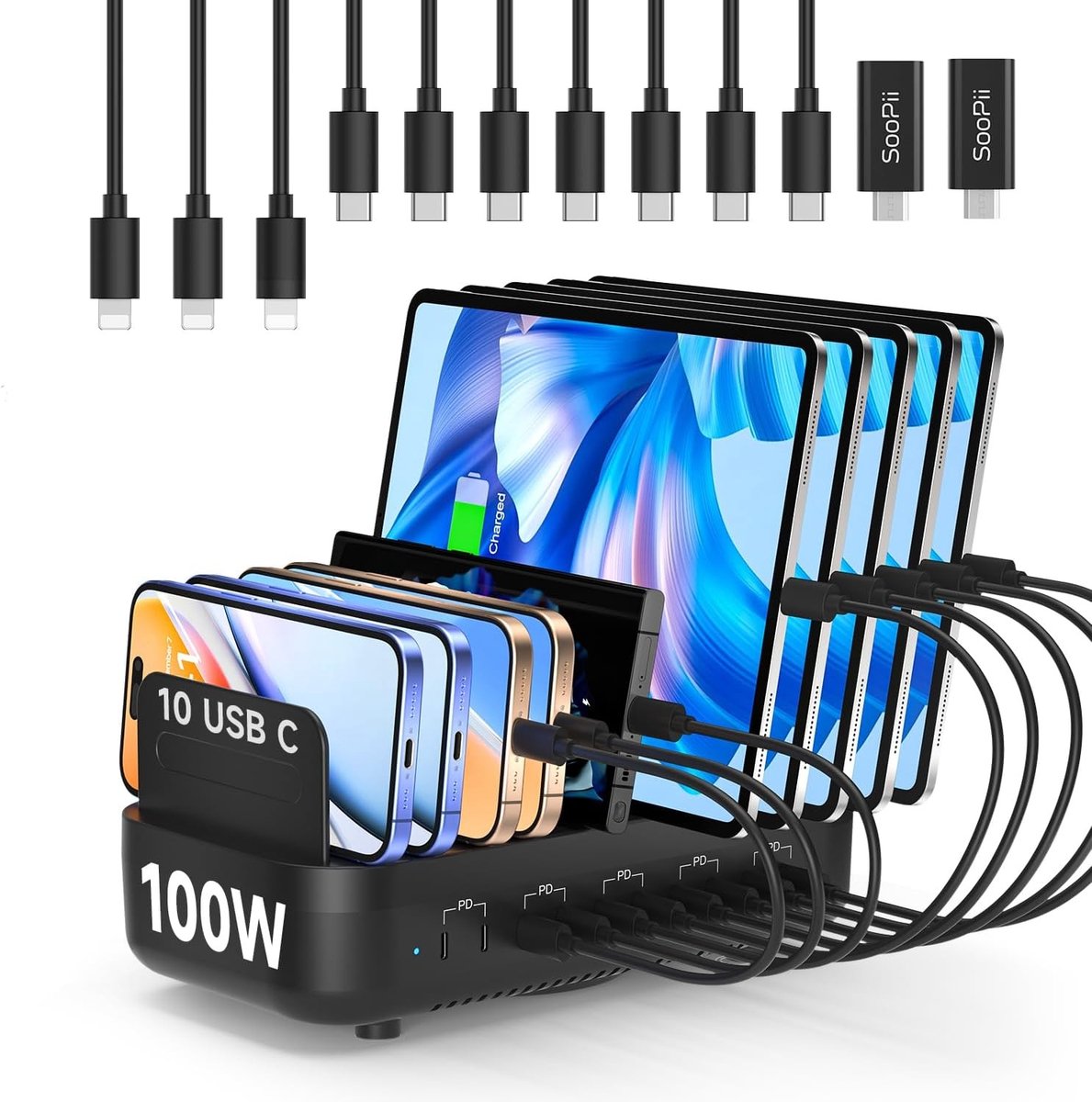 Multi-USB Oplaadstation met 100W Vermogen, 10 Poorten, Snelladen voor Telefoon, Tablet en Kindle met Verstelbare Scheidingswanden en 10 Kabels