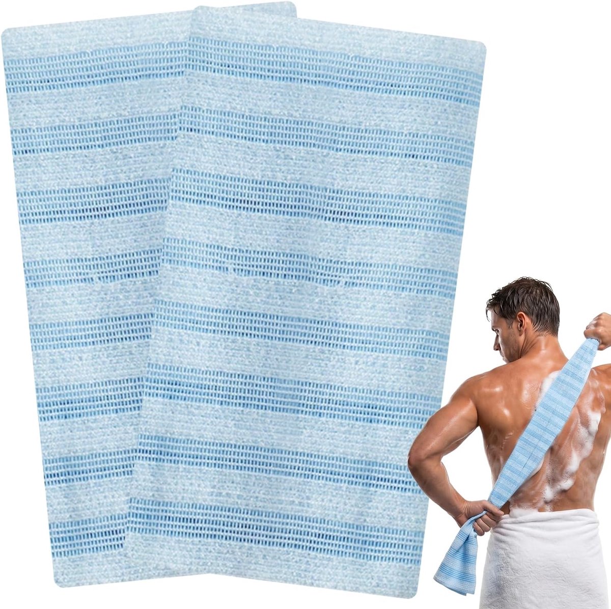 2-delige Set Exfoliërende Handdoeken, Extra Lange Japanse Douchedoek, Lijfspons voor Dames en Heren, 3D-structuur Tweezijdig (Blauwe Strepen)