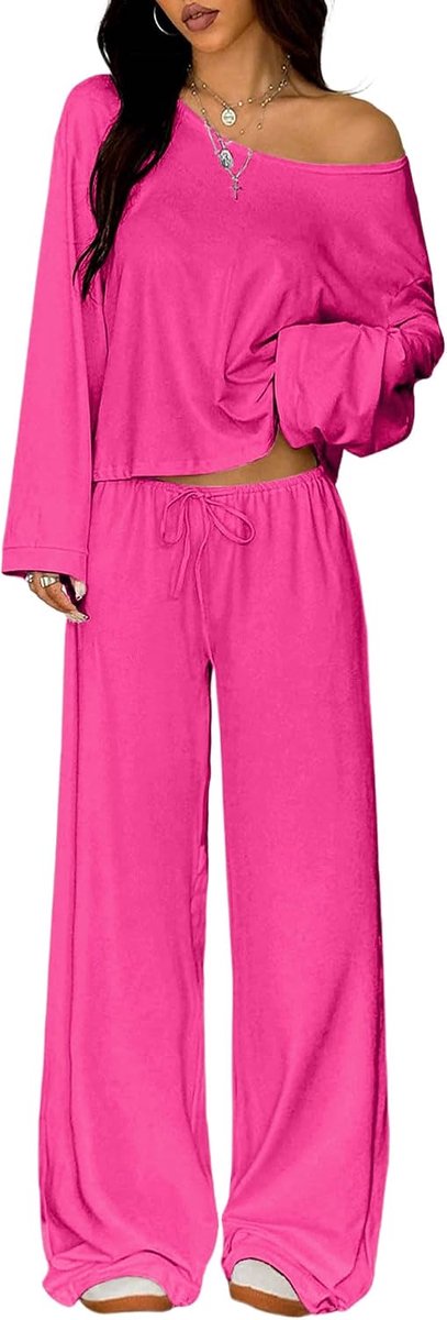 Loungewear voor dames, Co Ord met top en wijde pijpen, gebreide twee-weg halslijn voor thuis en op reis