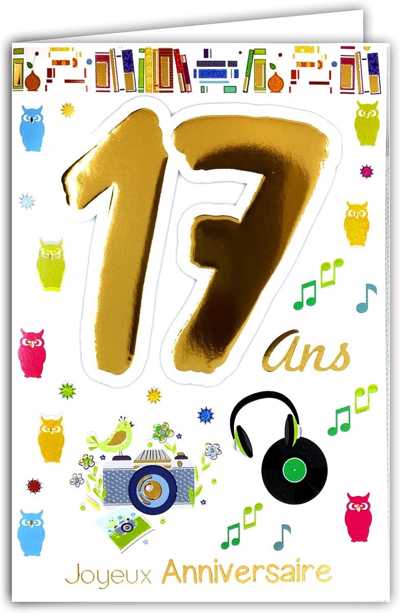 Mv 69-2017 kaart "Joyeux Anniversaire", 17 jaar, jongens, meisjes, heren, dames, motief hoofdtelefoon, muziek, vinyl, uilen, boeken